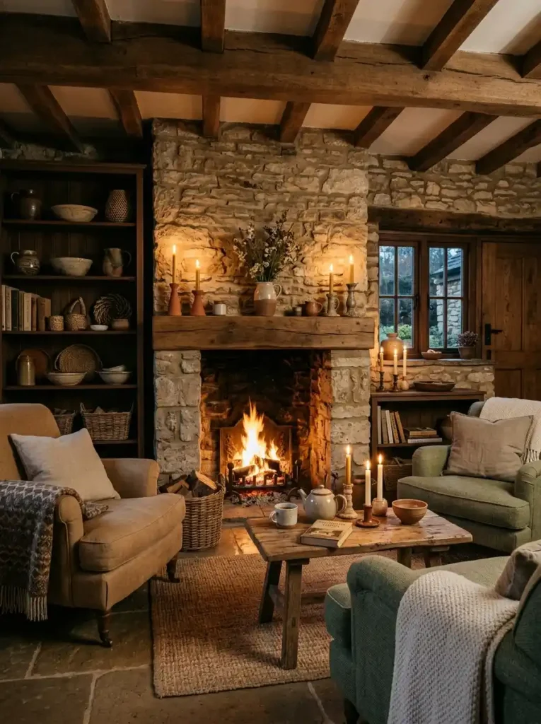 Earthy Cottage Living Room with fireplace, stone walls, and wooden beams