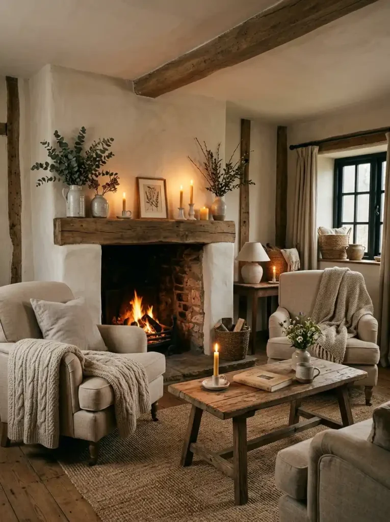 Earthy Cottage Living Room with candlelight, fireplace, and neutral decor