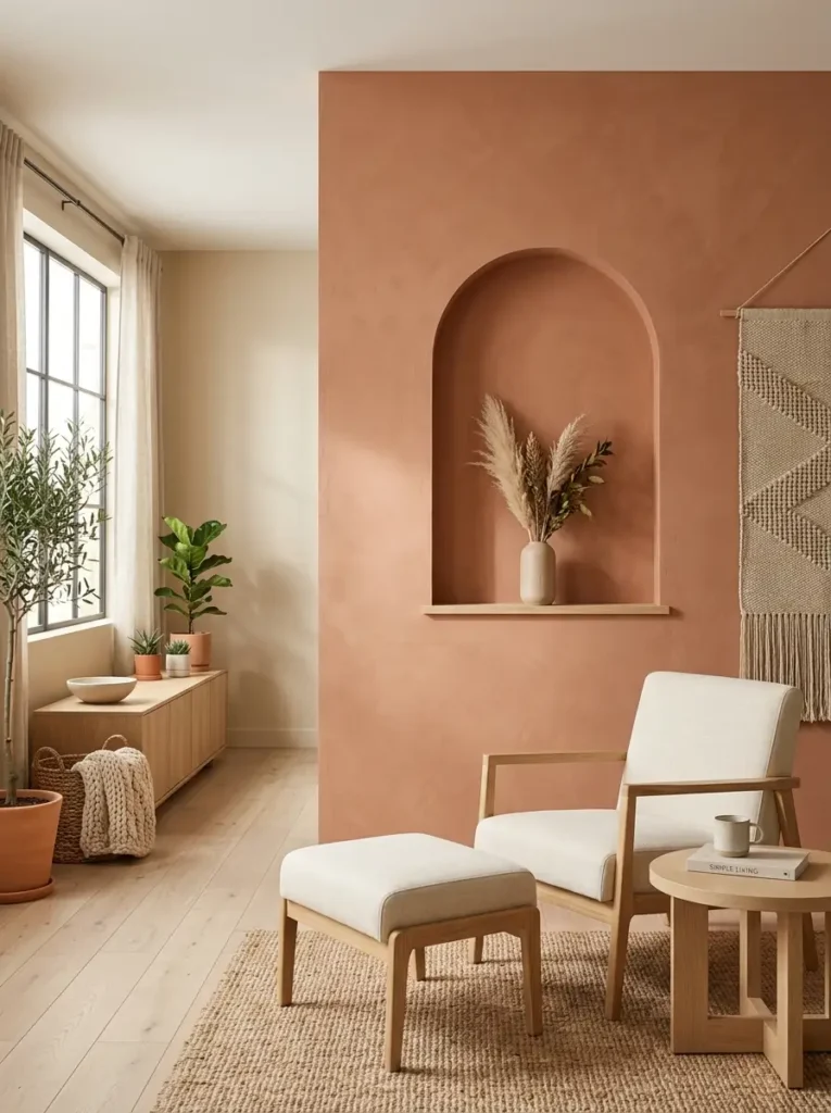 Earthy Vibrancy Colors in a soft terracotta accent wall interior design