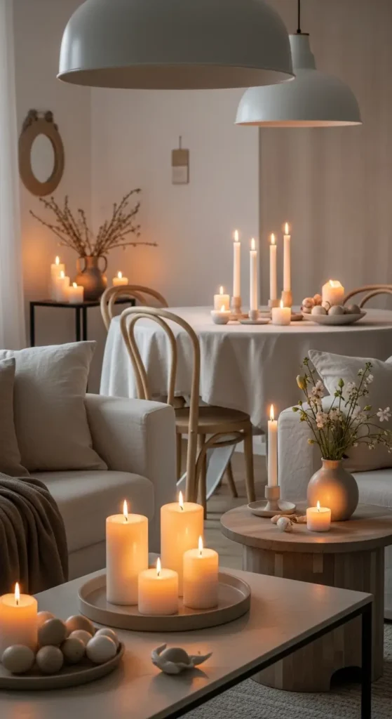 Layered Candle Light Easter Decor with Neutral Tones and Cozy Spring Feel