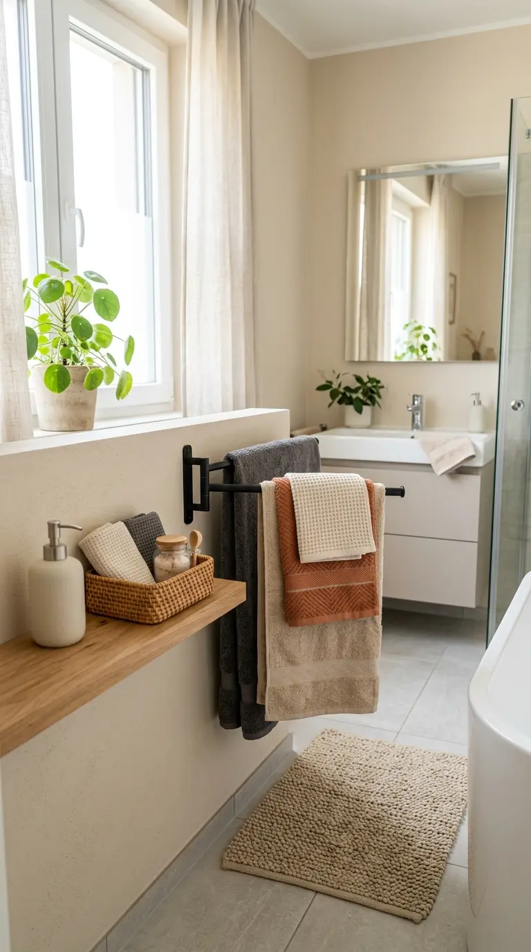 Two-tone decorative towels in modern bathroom with neutral decor