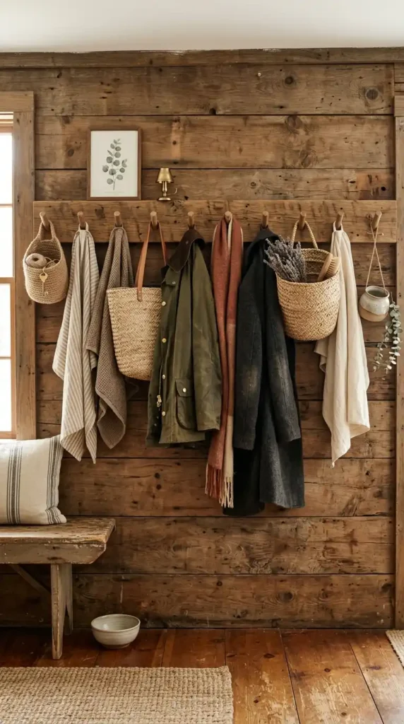 Rustic peg rail wall with towels and baskets in farmhouse interior