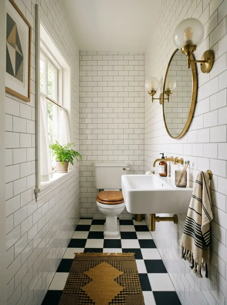 Black-and-white vintage bathroom with checkerboard floor and subway wall tiles