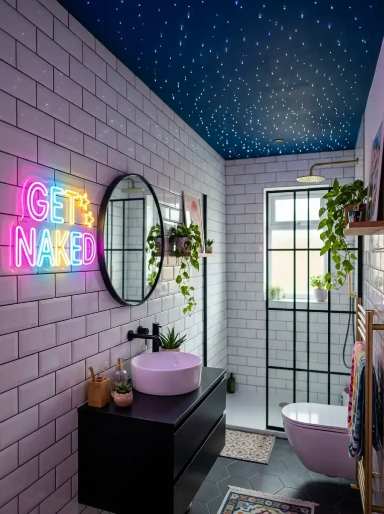 Funky Bathroom Ideas with neon sign decor