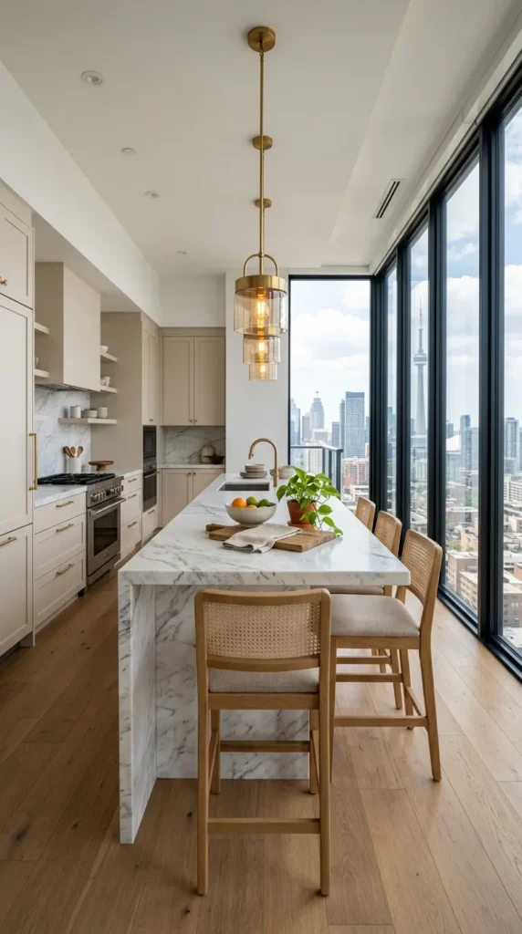Kitchen of a chic apartment with marble counter, brass lights, and big windows with an urban view