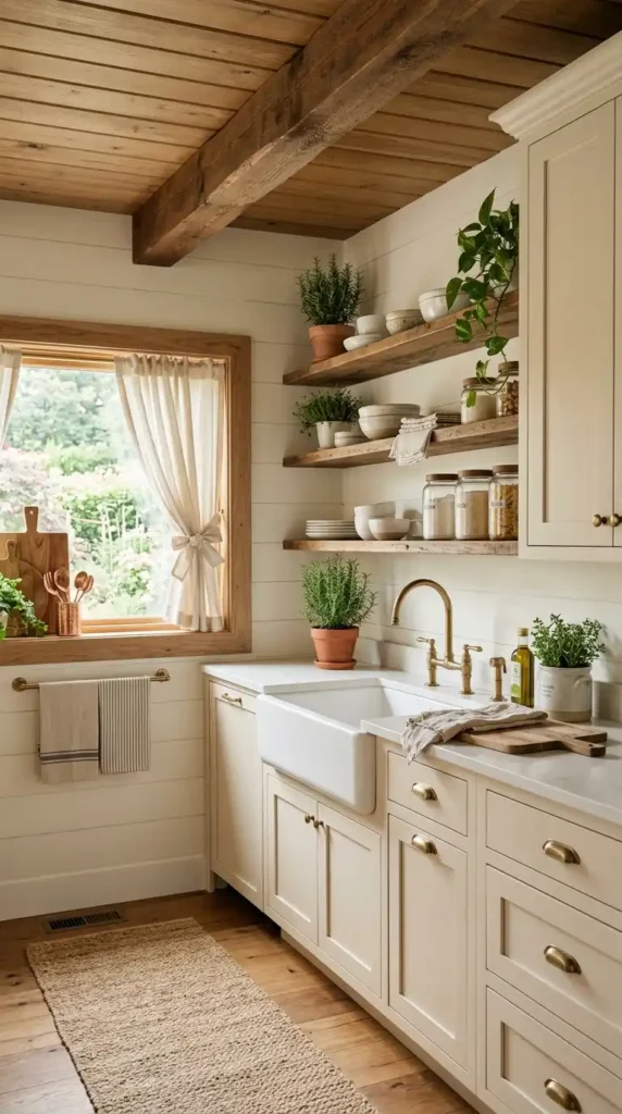 Contemporary modern farmhouse kitchen featuring neutral cabinetry, wooden beams, and a farmhouse sink