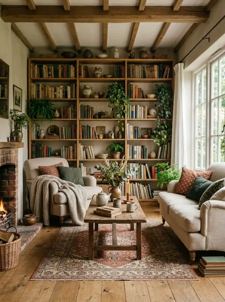 Earthy Cottage Living Room with bookshelves and cozy seating