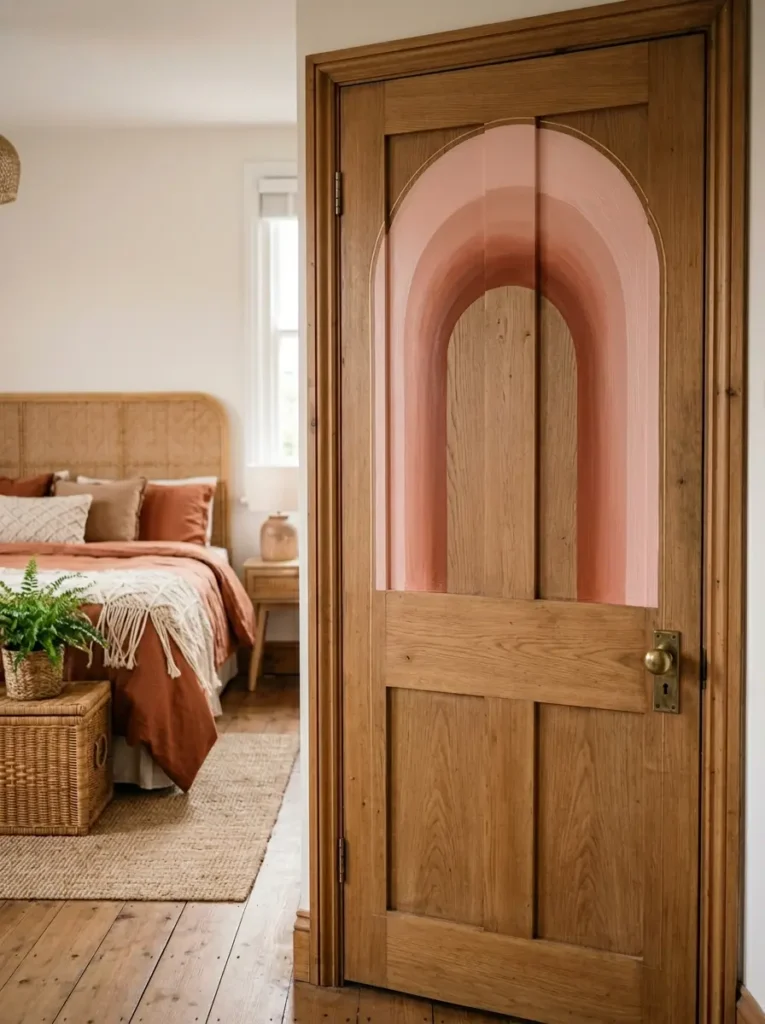 Terracotta arch illusion door painting ideas with earthy tones on wooden bedroom door