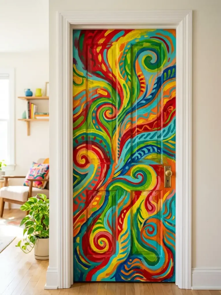 Vibrant artistic door painting ideas with bold colorful mural on wooden interior door