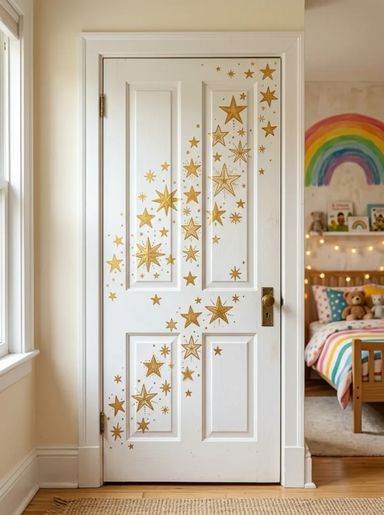 Gold celestial star door painting ideas on white wooden interior door for kids room