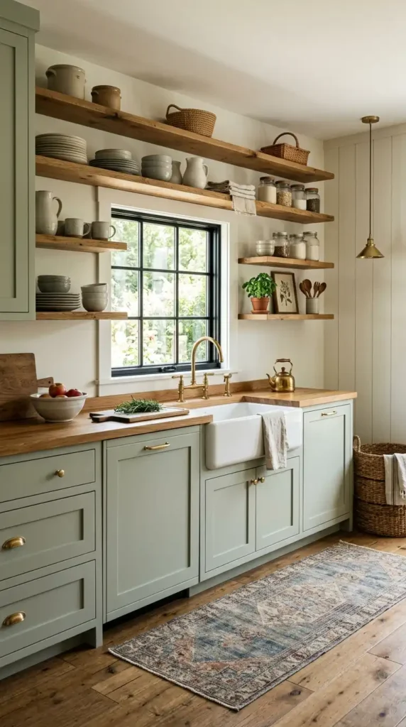 Modern farmhouse kitchen with sage cabinets and wood shelving