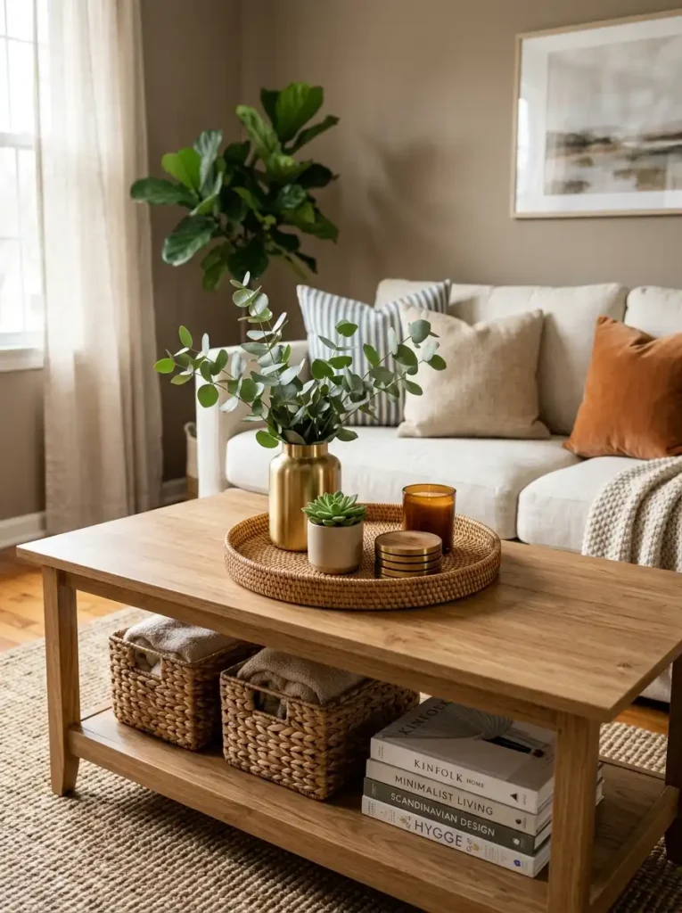 Functional coffee table with tray, greenery, books, and woven baskets