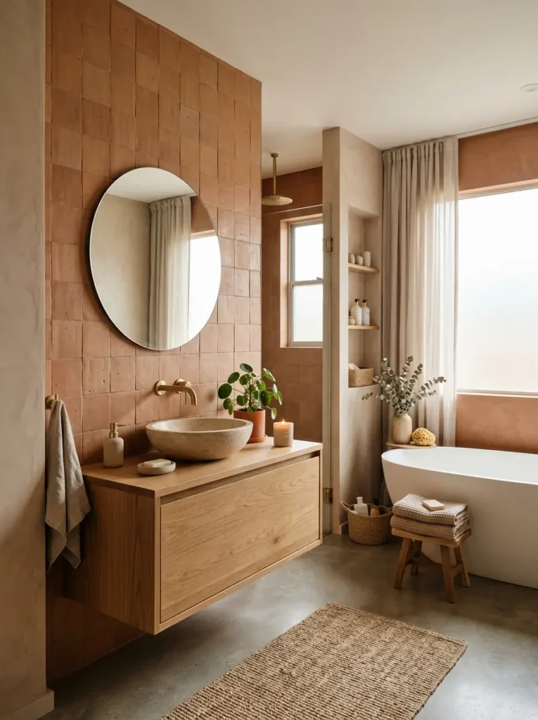 Earthy Vibrancy Colors in a spa-inspired warm bathroom design