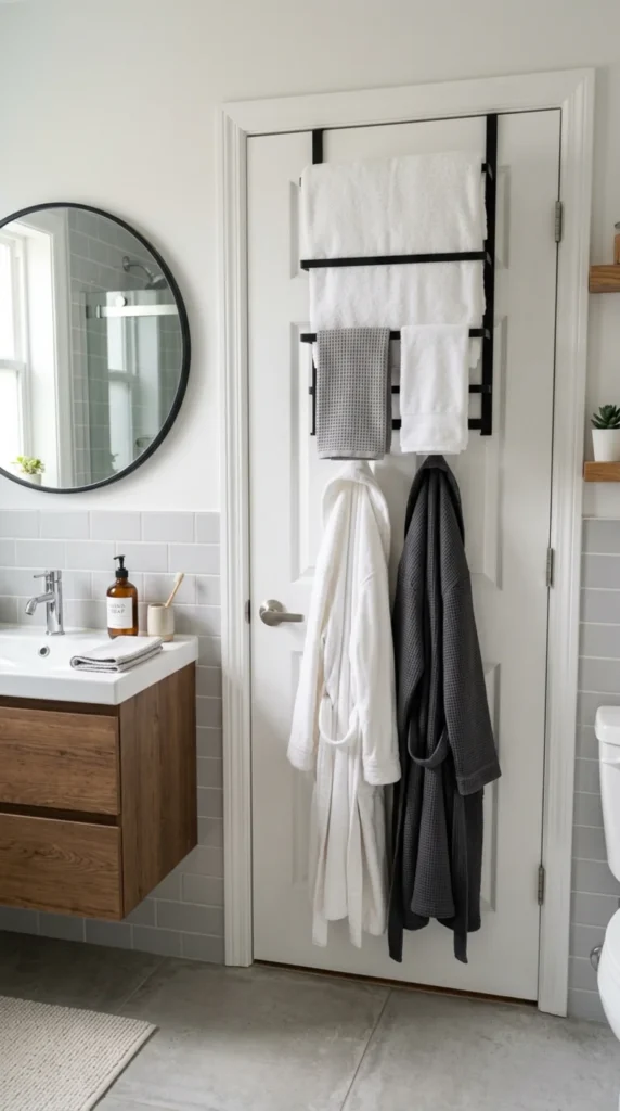 Over-the-door bathroom rack with towels and robes in organized space