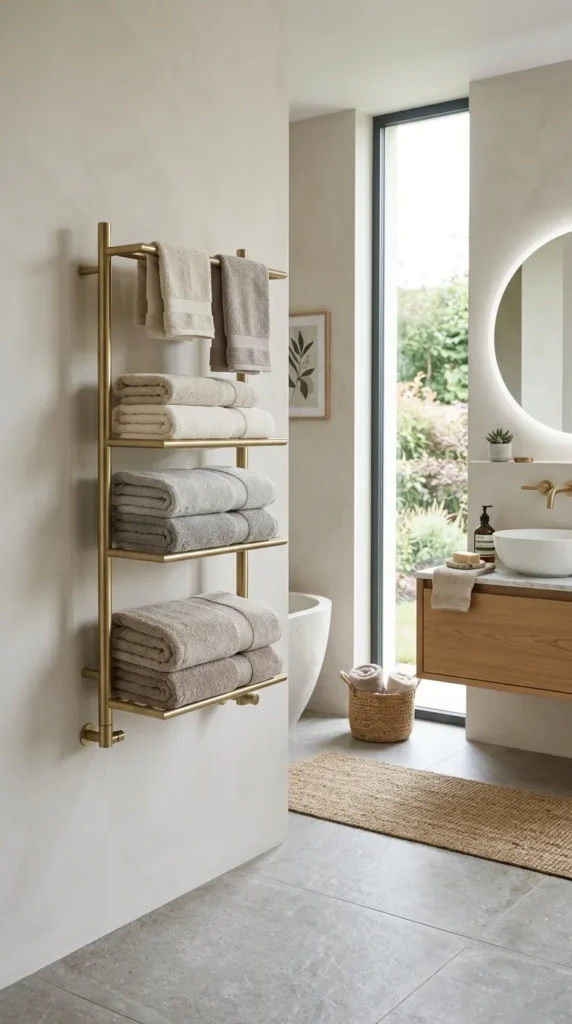 Multi-level towel rail in modern bathroom with neatly arranged towels