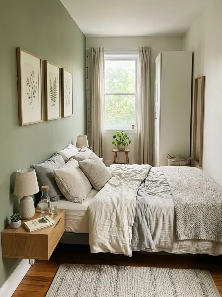 Narrow bedroom featuring a bed along the long wall.