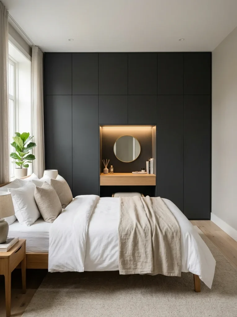 A sleek, modern bedroom layout planner design featuring a bed facing a custom floor-to-ceiling storage wall.