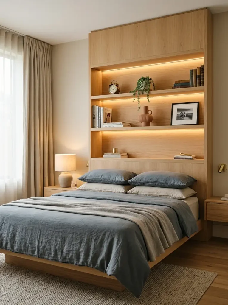 A sleek, modern bedroom layout planner design featuring a custom bed with built-in headboard shelving for storage.