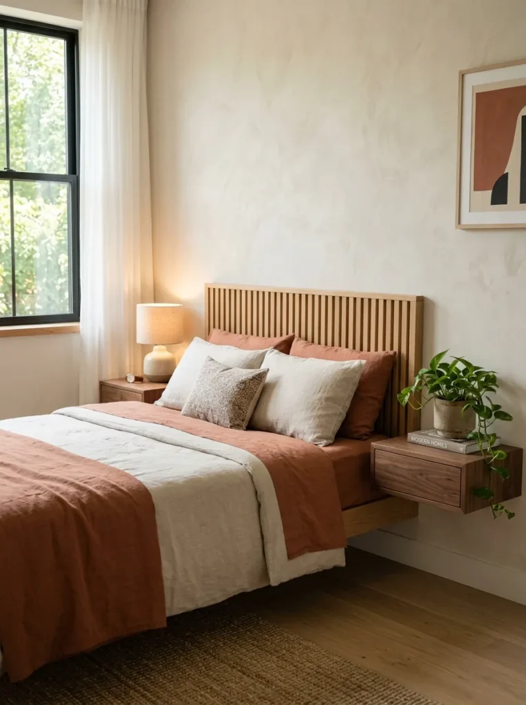 A modern bedroom layout planner design featuring a bed with space-saving floating nightstands.