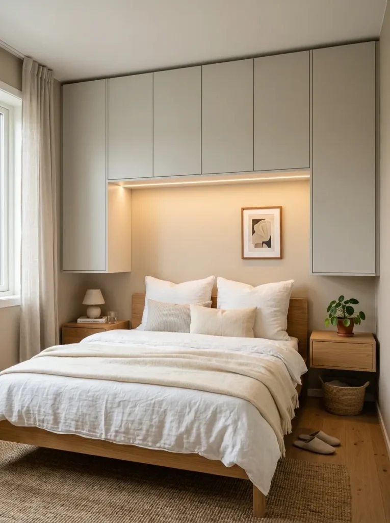 A space-saving bedroom layout planner solution featuring custom overhead cabinets above the bed.