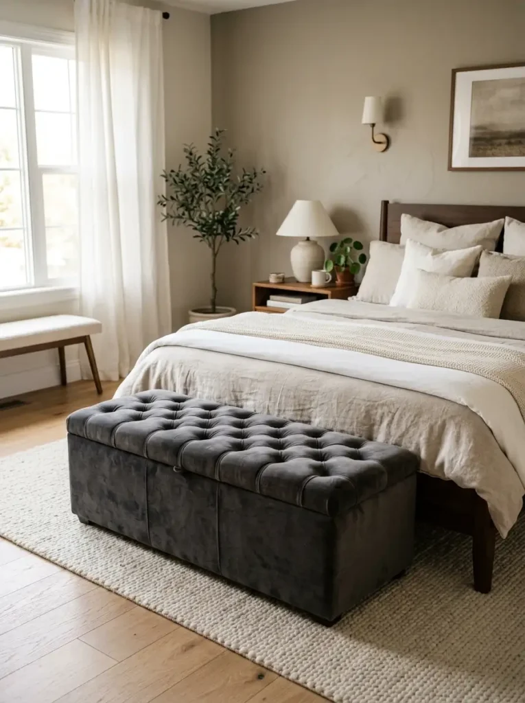 A stylish bedroom layout planner idea featuring a functional storage ottoman at the foot of the bed.