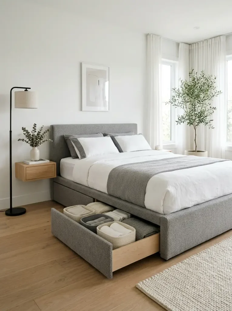 A space-saving bed with under-bed storage, designed for an efficient bedroom layout planner.