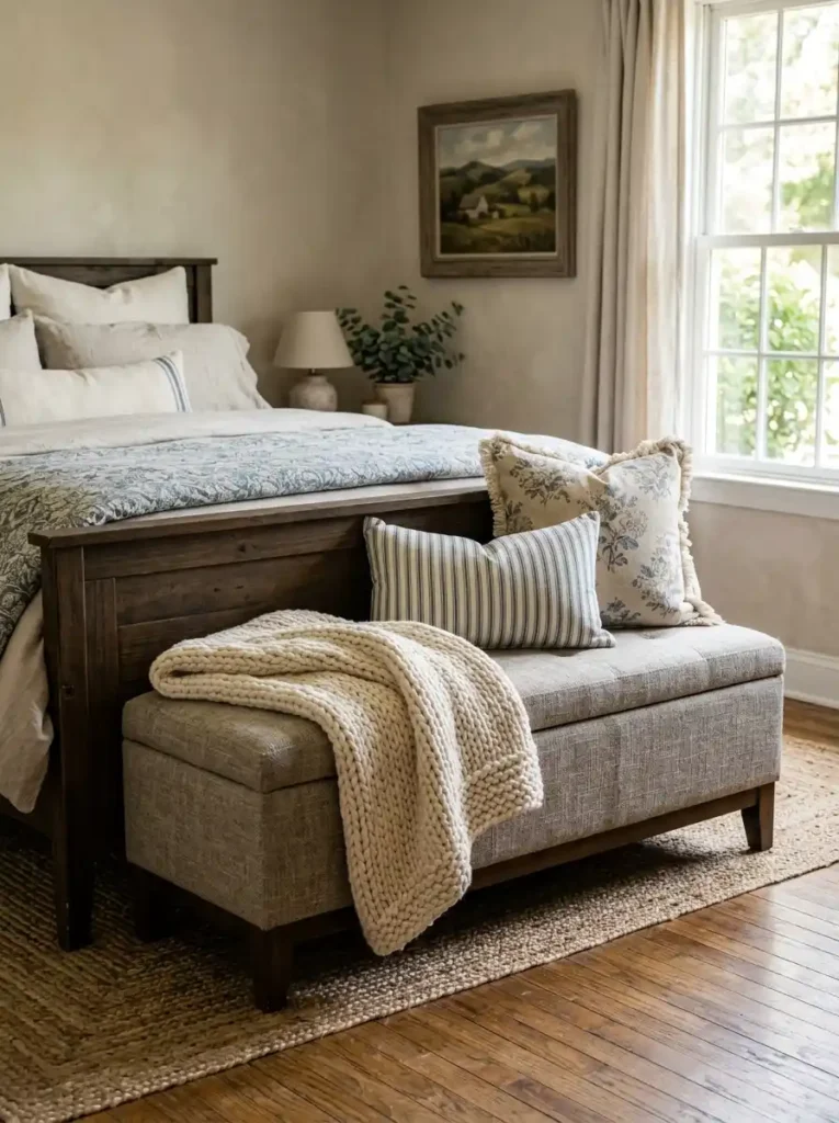 A cozy bedroom layout planner idea featuring a storage bench at the foot of an upholstered bed.