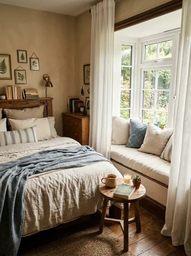 A cozy bedroom layout planner idea featuring a bed paired with a bright, built-in window reading nook.