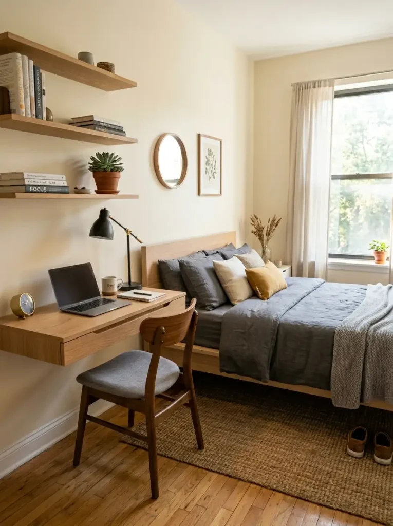 A functional bedroom layout planner design featuring a seamless bed and desk combination for small spaces.