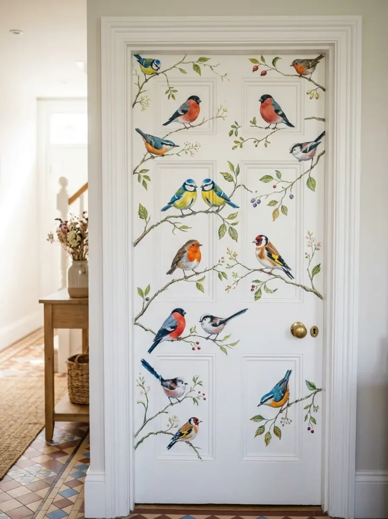 Colorful bird motif door painting ideas on white wooden interior door for entryway