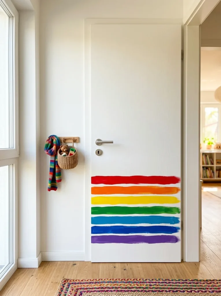 Colorful rainbow stripe door painting ideas for a playful kids' room interior