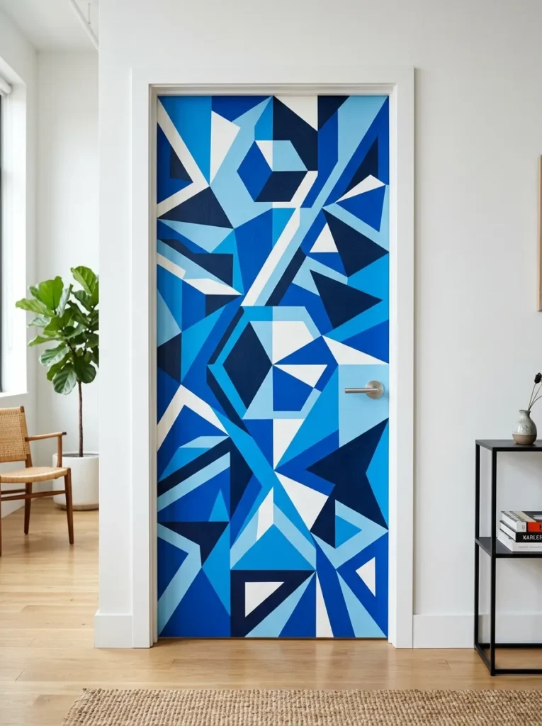 Bold geometric door painting ideas with vivid blue patterns on interior door