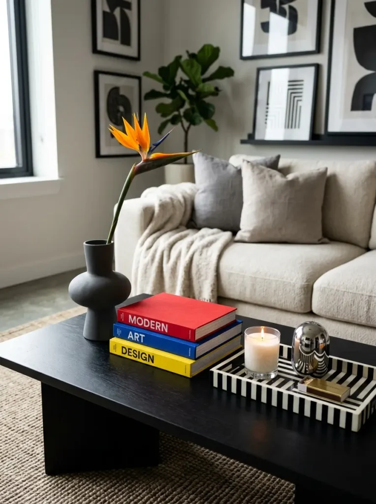 Bold modern coffee table with colorful books, bird-of-paradise, and black table