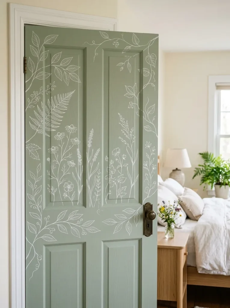 Botanical line art door painting ideas with white illustrations on pale sage green interior door