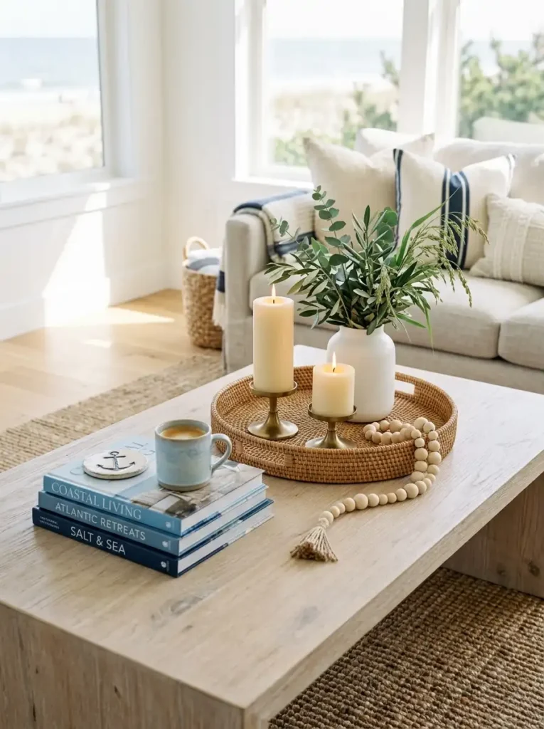 Coastal coffee table decor with tray, candles, greenery, and bead garland