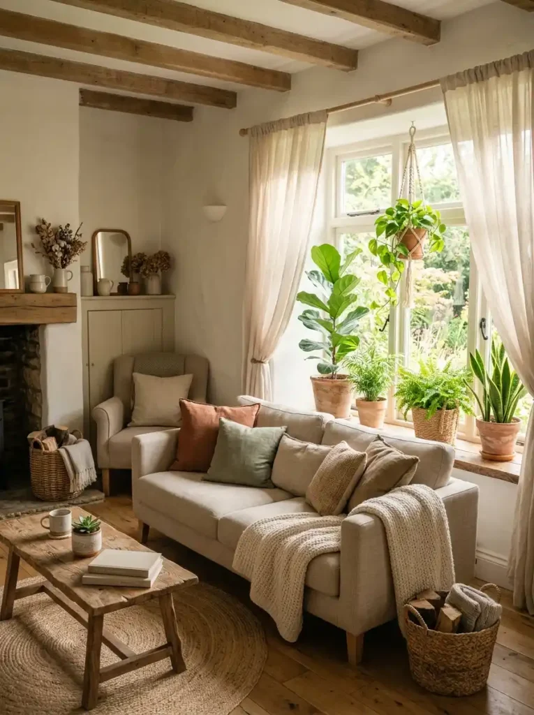 Light Earthy Cottage Living Room with plants, linen curtains, and neutral tones