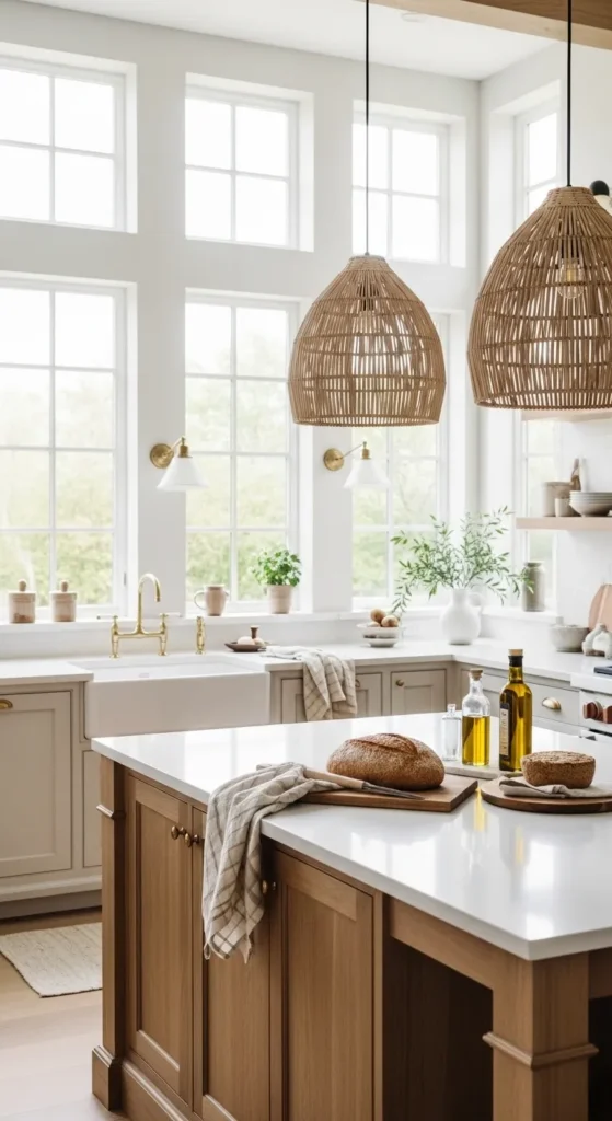 Modern farmhouse kitchen with wood island and natural light