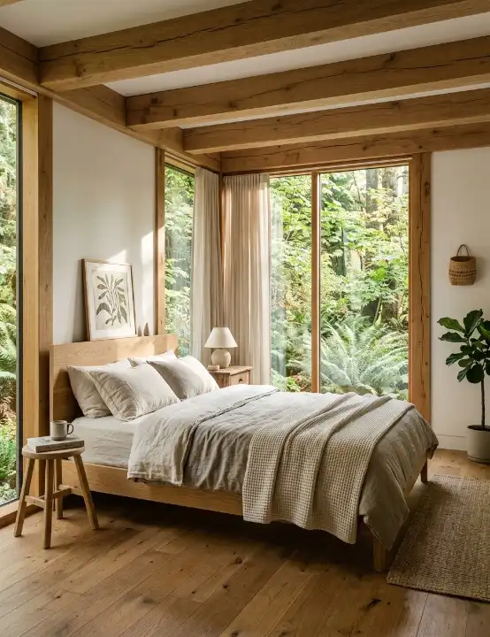 A bedroom with floor-to-ceiling windows, natural wood accents, and a serene view outside the window
