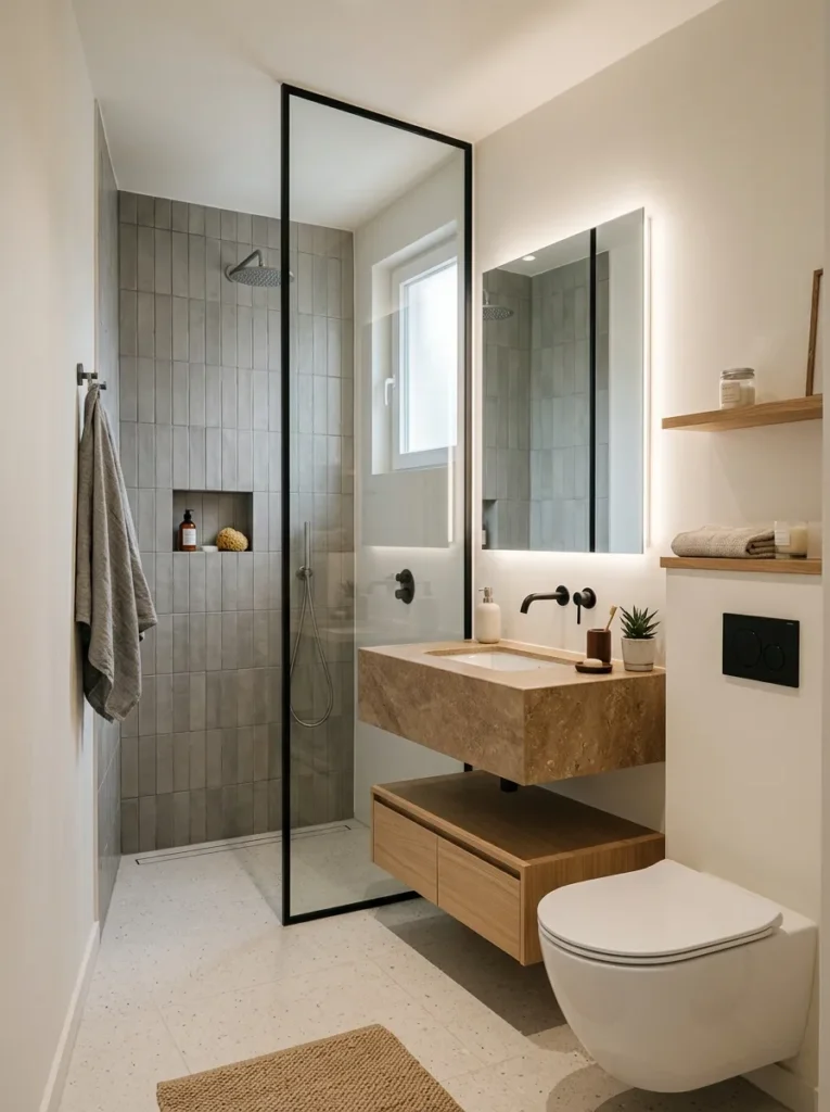Compact minimalist-style small bathroom with glass shower enclosure, wall-mounted fittings, and warm countertops