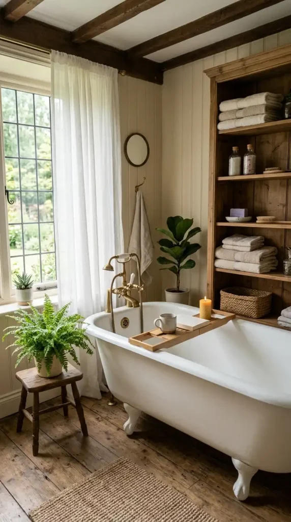 Farmhouse bathroom with clawfoot tub, wood shelves, plants, and soft curtains