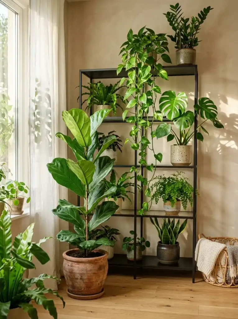 A lush, sunlit indoor garden corner featuring thriving houseplants for a slow living vibe.