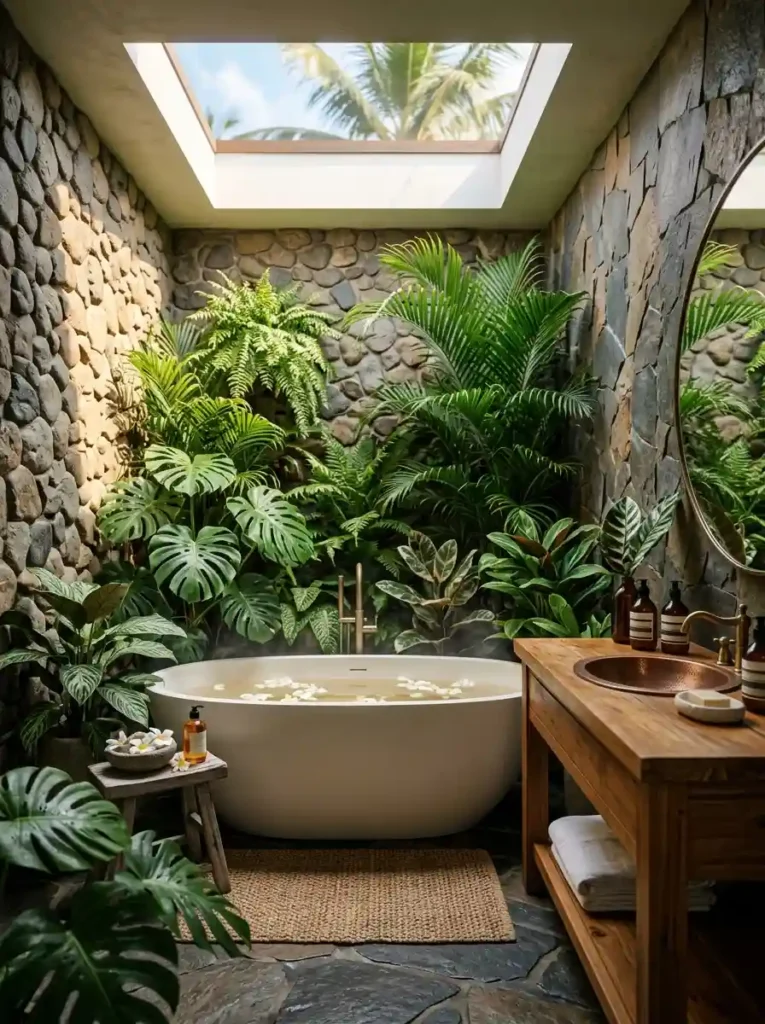 Spa Bathroom Ideas: tropical bathroom with plants and freestanding tub