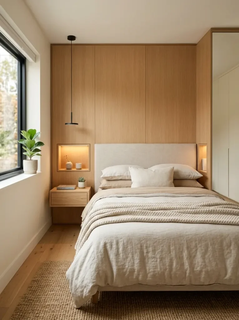 Small Bedroom Nightstand Ideas with built-in bedside storage