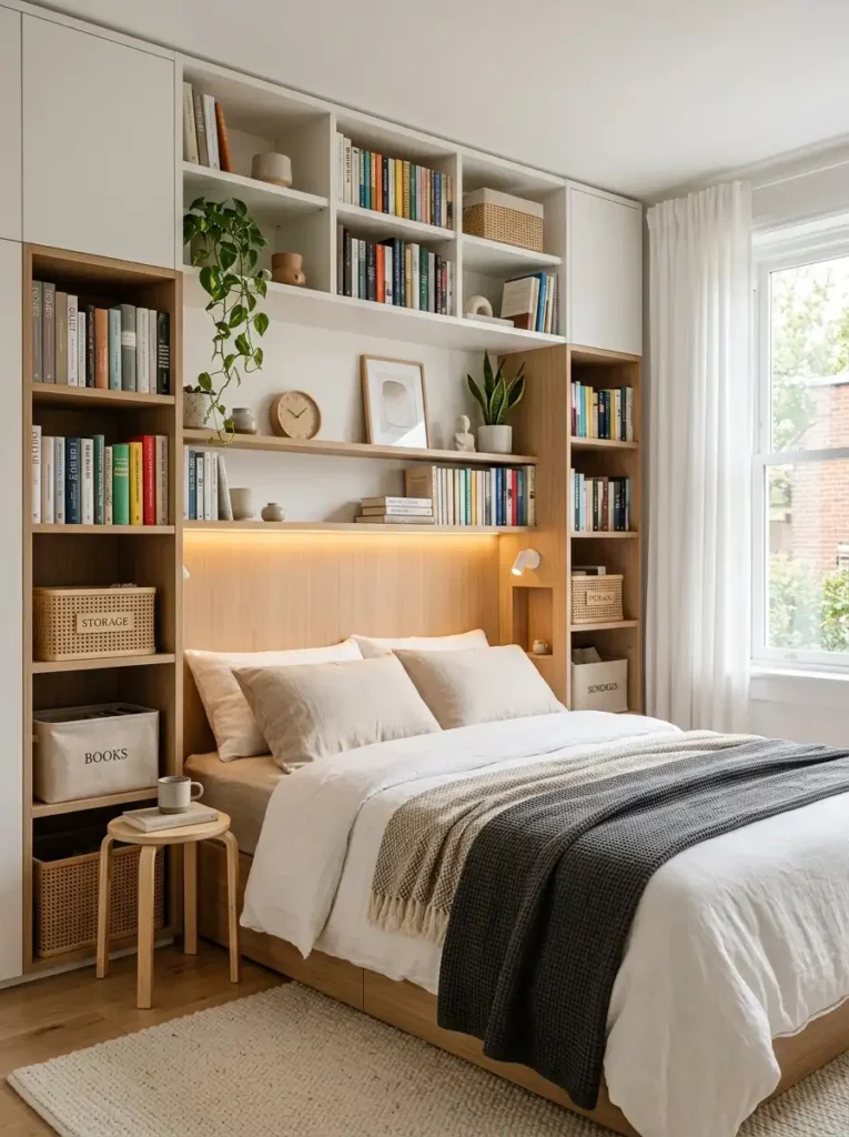 Built-in shelving for Small Bedroom Storage Ideas