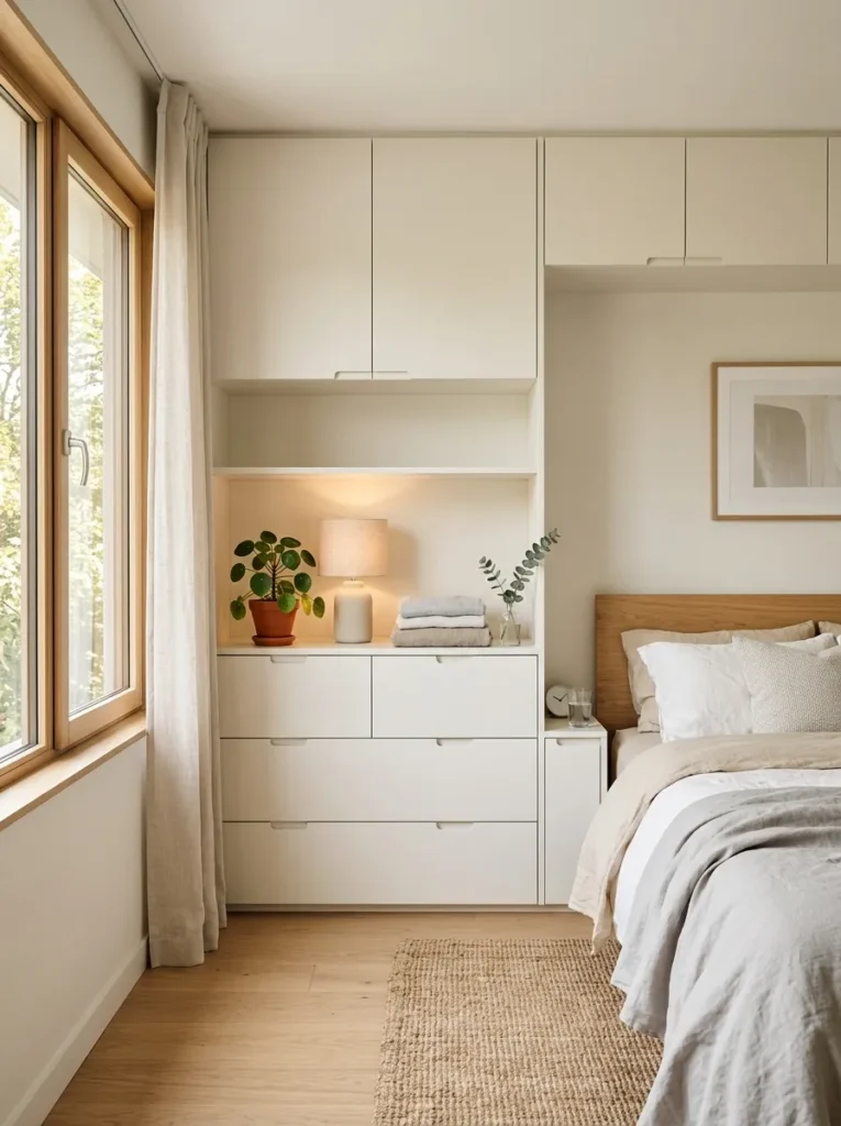 Built-in bedroom dresser blending seamlessly into small modern room design