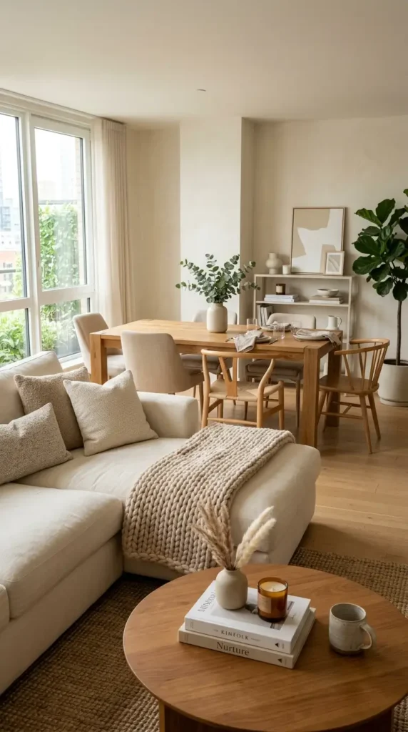 A fashionable open-plan apartment with a sofa in neutral colors and dining space made of wood
