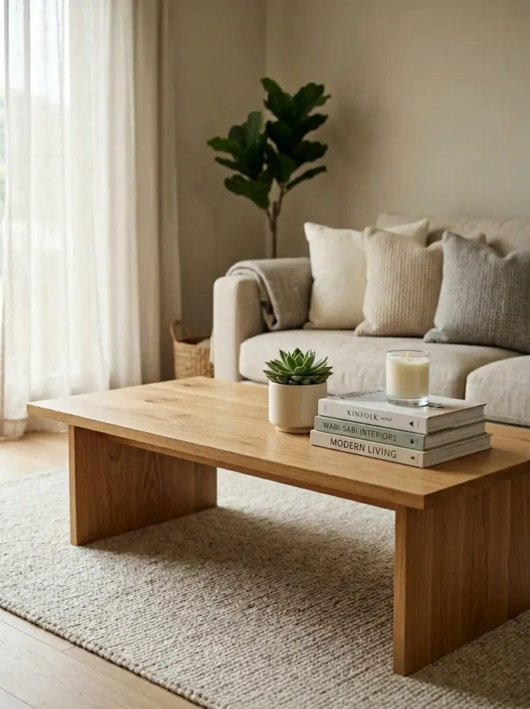 Neutral coffee table decor with succulent, candle, and books in minimalist style