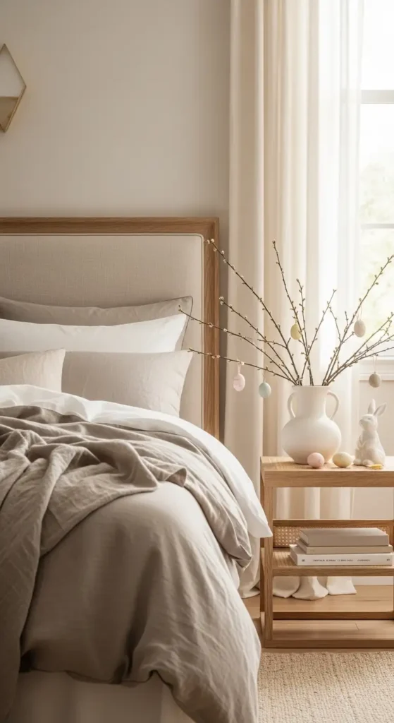 calm Easter bedroom with neutral bedding, spring branches, and subtle seasonal accents