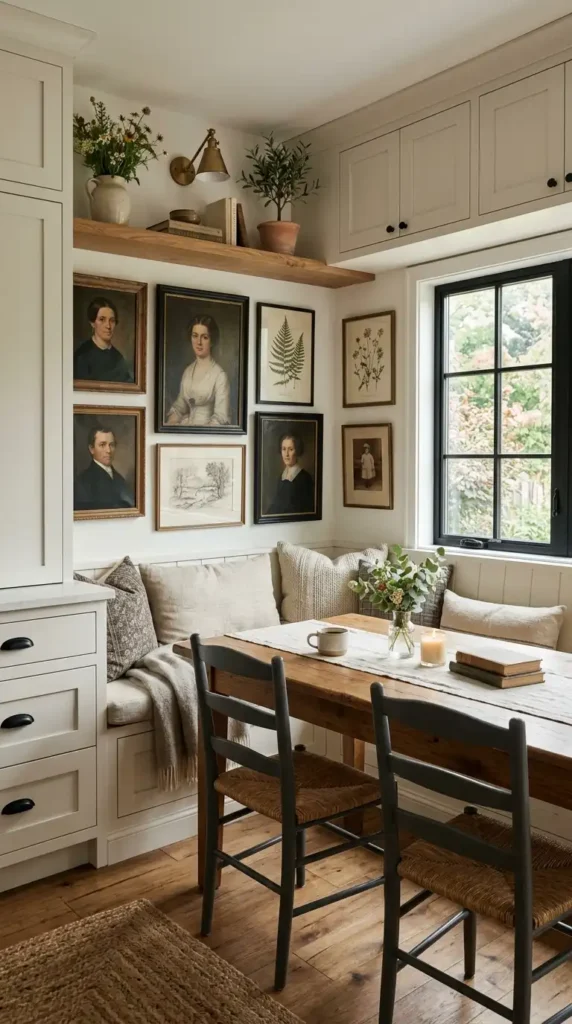 Rustic kitchen dining area in farmhouse style with built-in seat