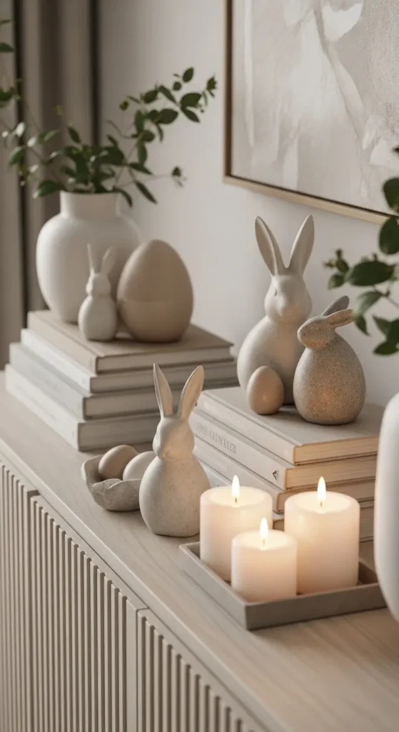 ceramic bunny decoration for Easter, accompanied by candles and books in neutral modern decor